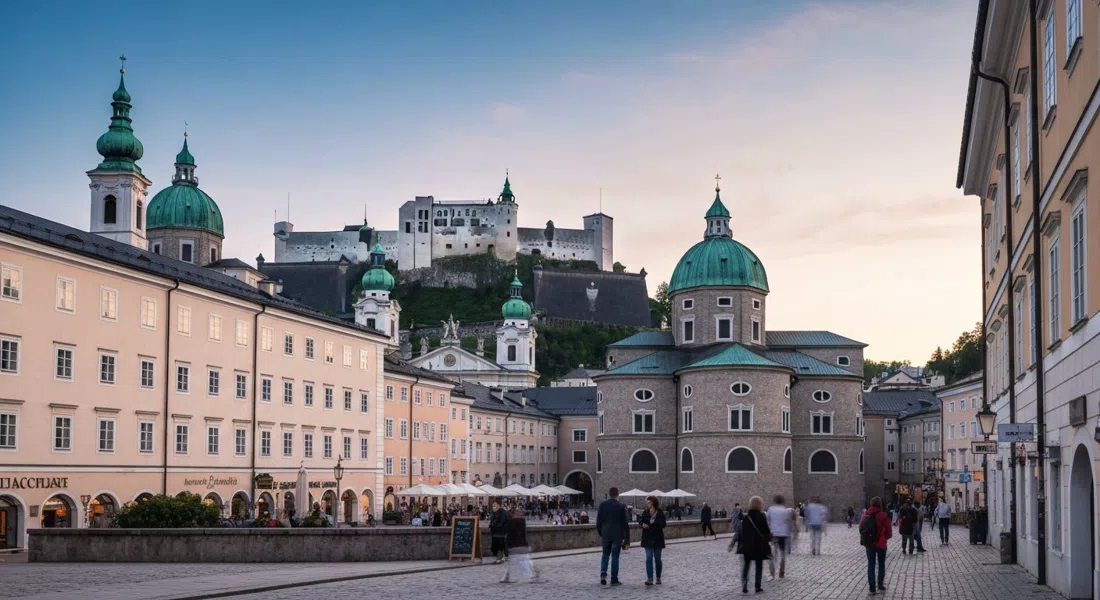 Fortaleza de Hohensalzburg sobre el casco antiguo de Salzburgo al atardecer, sus paredes blancas elevándose sobre las cúpulas barrocas y los techos rojos