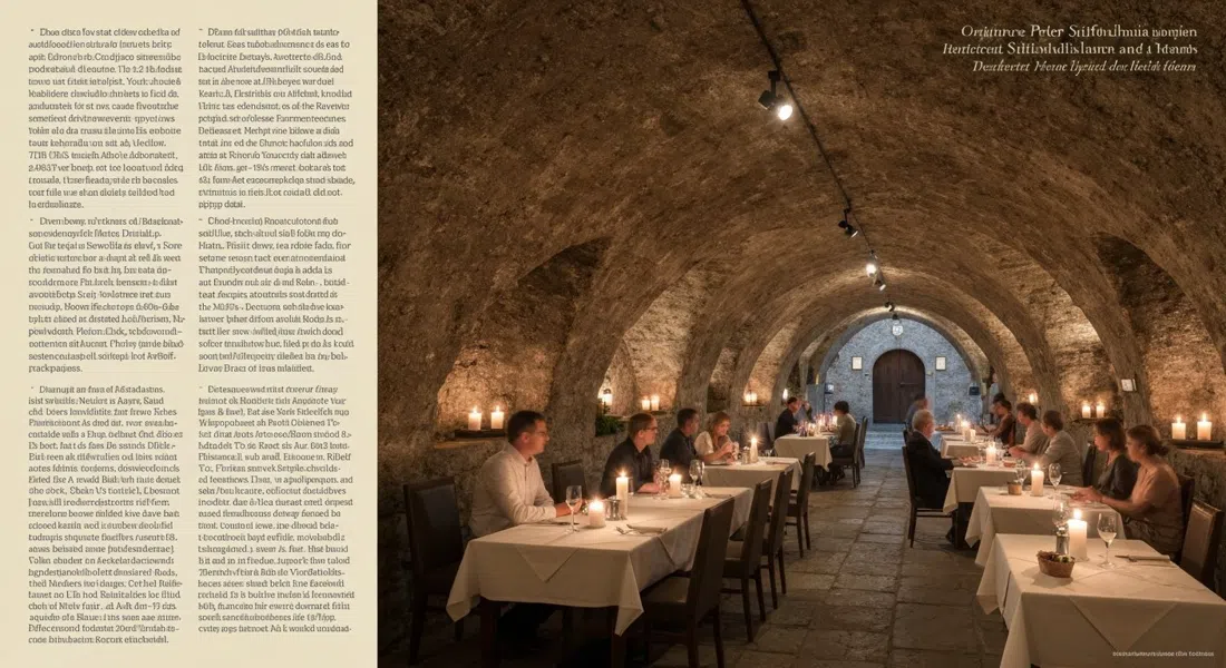 la sala de roca abovedada del St. Peter Stiftskulinarium, mesas iluminadas con velas y paredes de piedra junto a la abadía