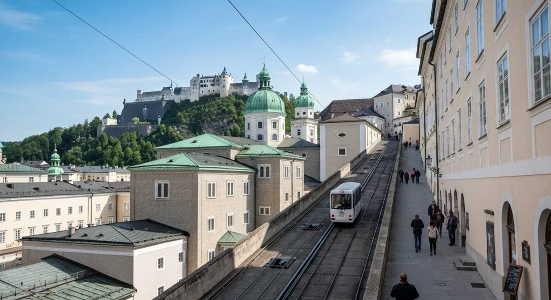 el funicular FestungsBahn subiendo hacia la Fortaleza de Hohensalzburg, con los tejados de Salzburgo abajo a plena luz del día