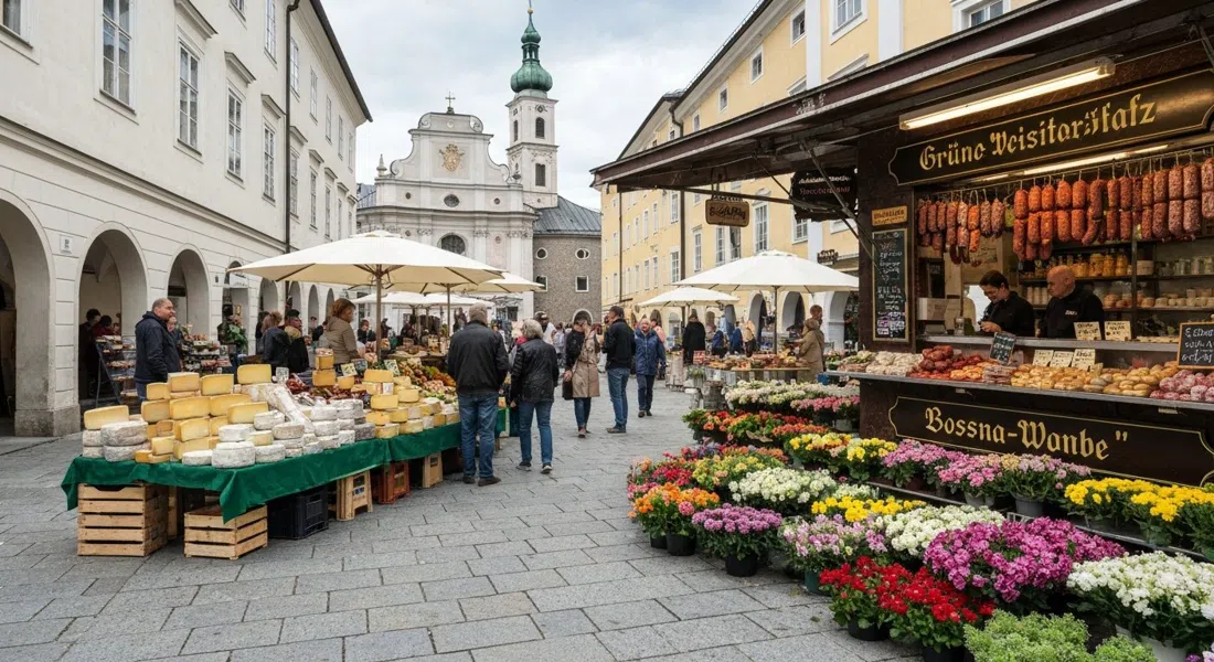 el Grünmarkt en Universitätsplatz por la mañana, puestos de productos, queso, puesto de salchicha Bosna y flores junto a la iglesia