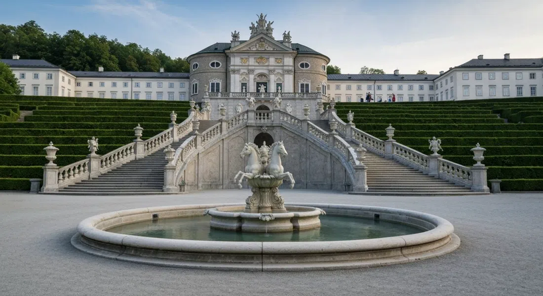 Palacio y Jardines de Mirabell en Salzburgo con luz matutina, la escalera principal, la fuente de Pegaso y los parterres cuidados vacíos antes de que lleguen los grupos turísticos