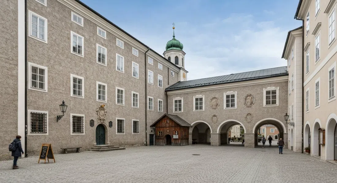 la Mozart Residence en Makartplatz en Salzburgo, una fachada histórica sobria con detalles de patio y la pequeña casa de madera de La flauta mágica en el interior