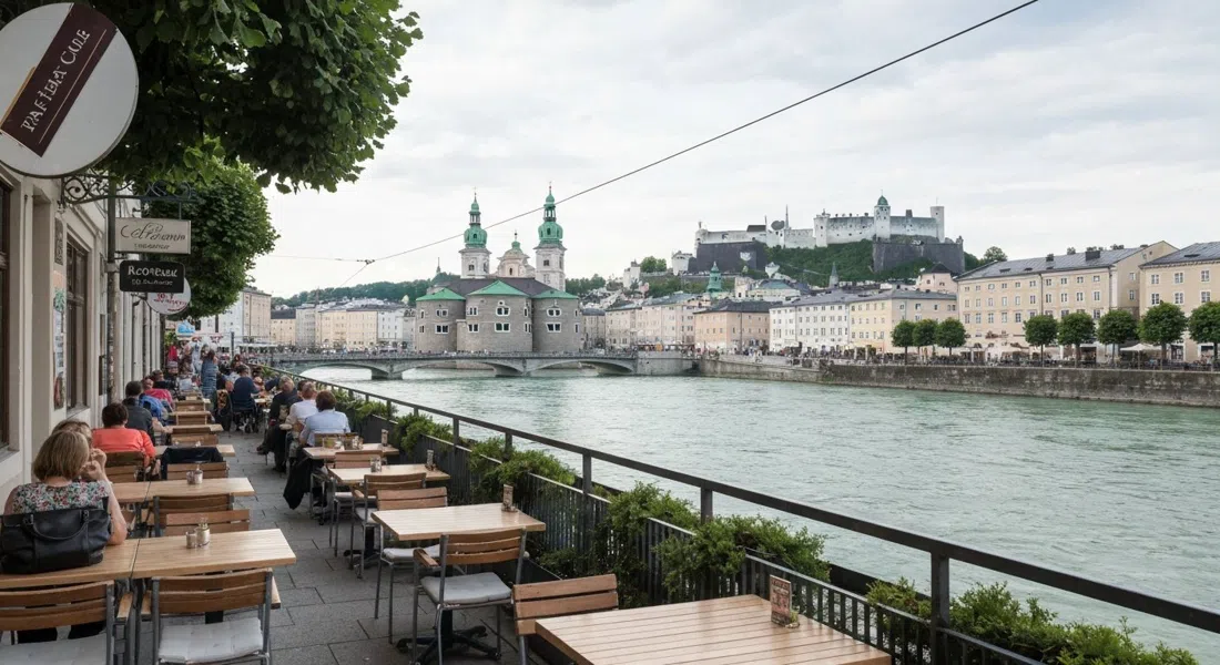 la terraza junto al río del Café Bazar en Schwarzstraße en Salzburgo, mesas de café frente al Salzach, el casco antiguo y la fortaleza al fondo con luz suave de tarde