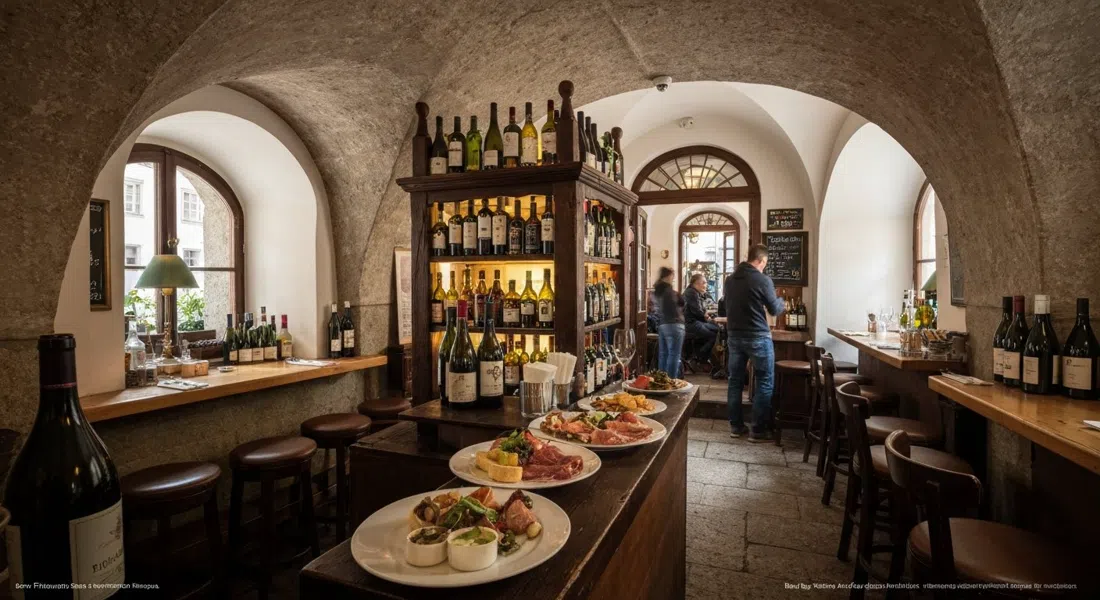 Bar Fridrich en Steingasse en Salzburgo, interior de bar de vinos abovedado con luz cálida, botellas, tablas de embutidos y ambiente art déco