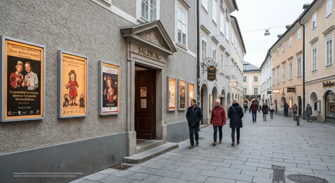 el Teatro de Marionetas de Salzburgo en Schwarzstraße, una fachada de teatro pequeño y elegante con carteles de espectáculos de marionetas y luz vespertina en la acera