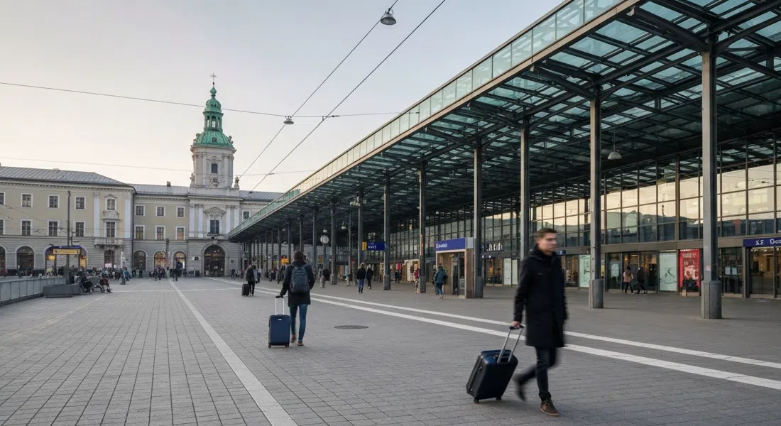 Salzburgo Hauptbahnhof vista desde la explanada al amanecer, techo de cristal, bordes de andén y viajeros con maletas con ruedas