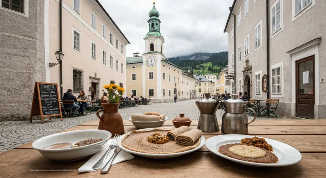 injera, tibs y kitfo servidos en Habesha dentro del Lichthaus, con el montaje de la ceremonia del café etíope y luz suave de la tarde