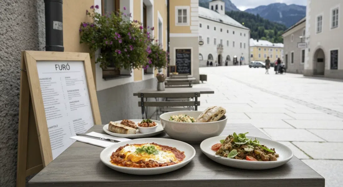 una mesa pequeña en Furō, en Elisabethstraße 5a, con shakshuka, mezze y masa madre casera sobre cerámica sencilla