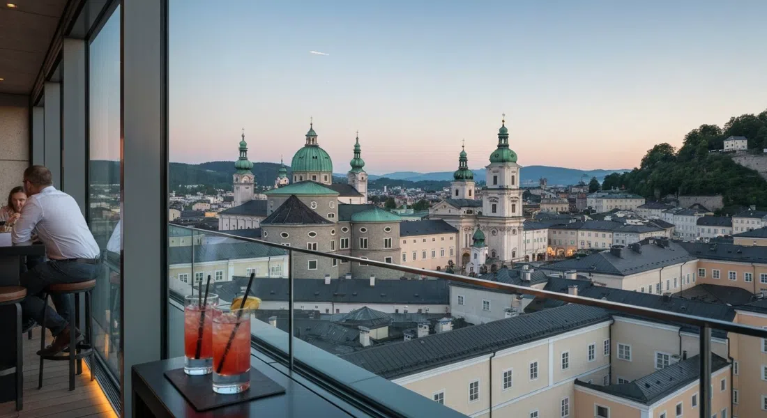 la azotea-bar acristalada hu:goes14 en el piso 14, cócteles en primer plano y panorama del casco antiguo de Salzburgo al atardecer