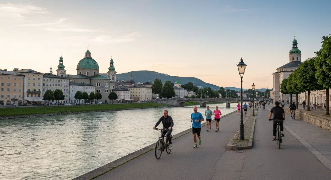 la Salzachufer a lo largo de Elisabethkai en la hora dorada, corredores y ciclistas con el perfil del casco antiguo al otro lado del río