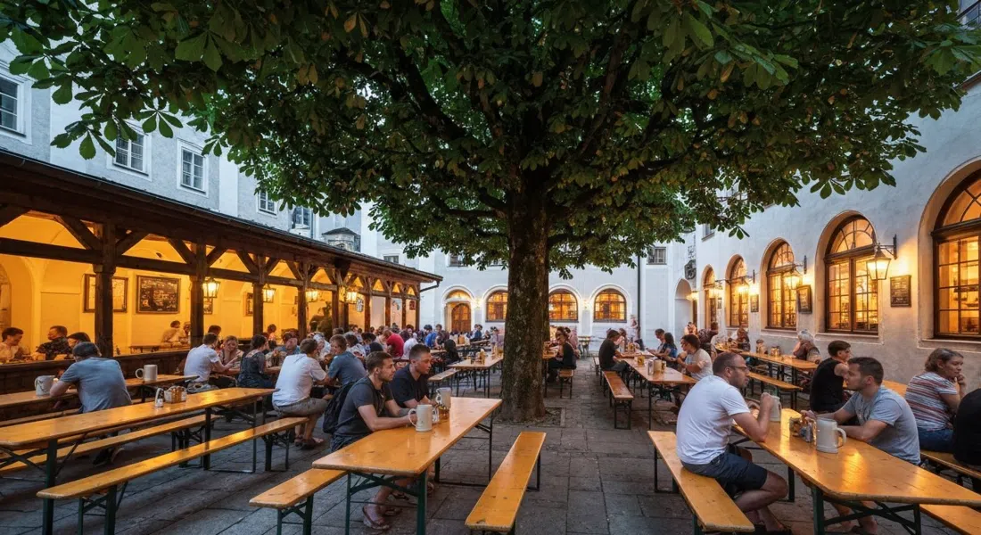 el jardín de la cervecería Augustiner Bräu Kloster Mülln al atardecer, castaños arriba, largas mesas de madera, jarras de gres y luz cálida de las salas