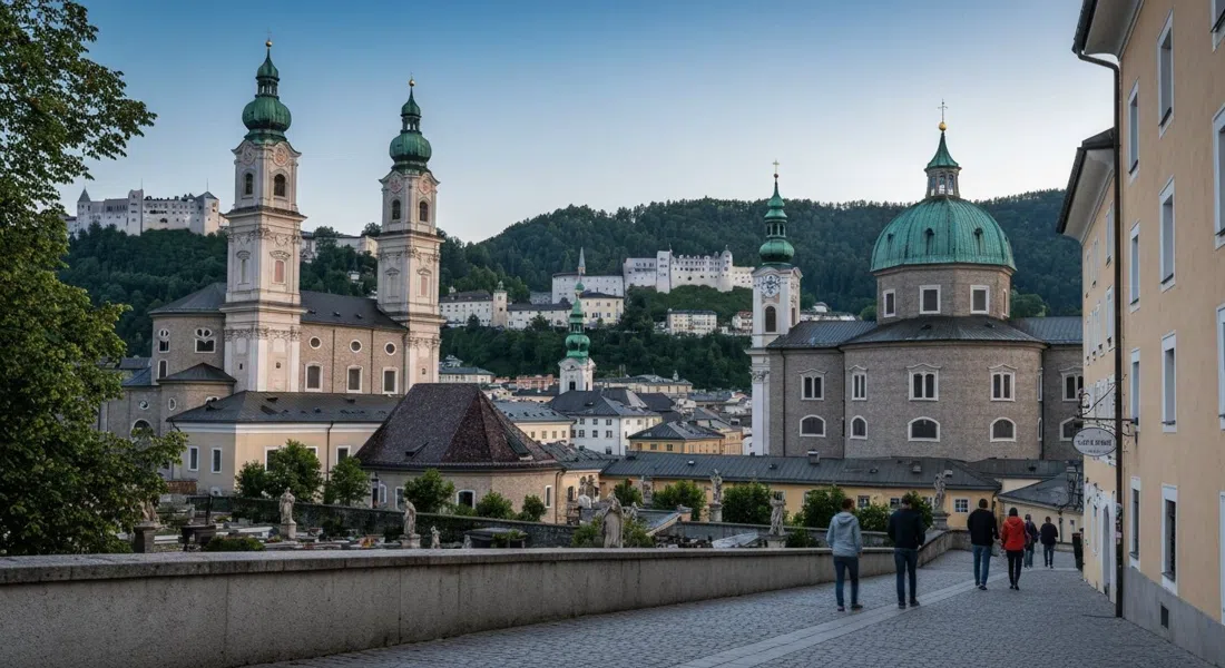 la Müllner Kirche en su colina al atardecer, cúpula de cebolla sobre el cementerio en terraza, con Hohensalzburg visible al otro lado del Casco Antiguo