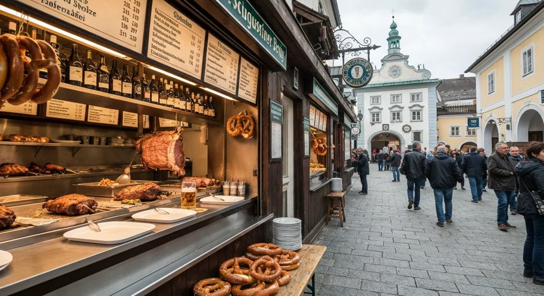 los puestos de comida Schmankerlgang dentro de Augustiner Bräu, con Stelze asado, pretzels, Leberkäse y bandejas listas junto a la cervecería
