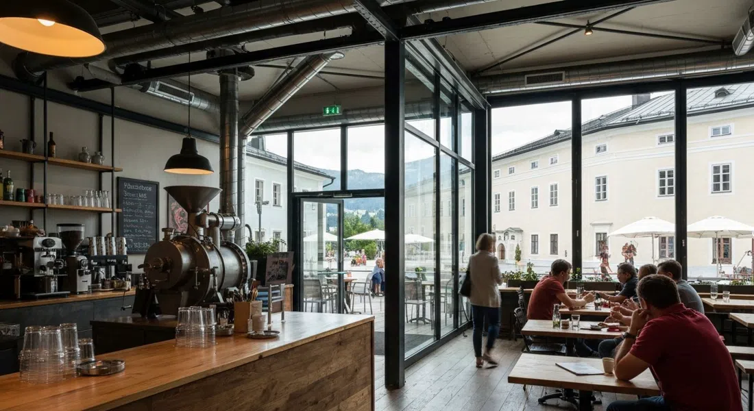 Interior industrial-chic de 220GRAD Nonntal con la tostaduría de café visible, luz diurna en la gran terraza tras el cristal