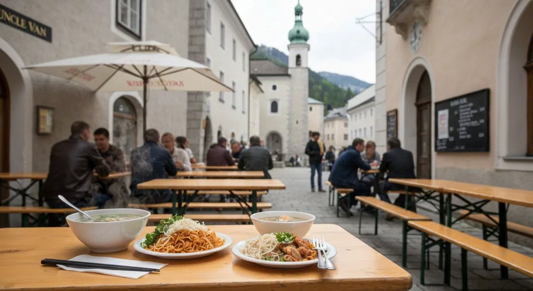 Un almuerzo servido en Uncle Van en Nonntaler Hauptstraße, pho humeante y fideos en una mesa sencilla junto a la cola del almuerzo