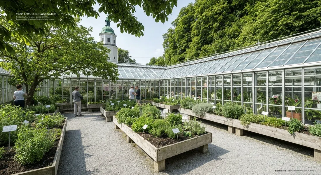 Jardín Botánico gratuito de lunes a viernes en Hellbrunner Allee, parterres de hierbas e invernadero de orquídeas con luz clara de la tarde