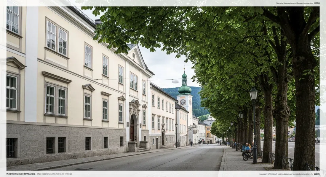 Leopoldskronstraße en Riedenburg bajo un bulevar de castaños, luz de última hora de la tarde que ilumina las fachadas de las villas y el follaje