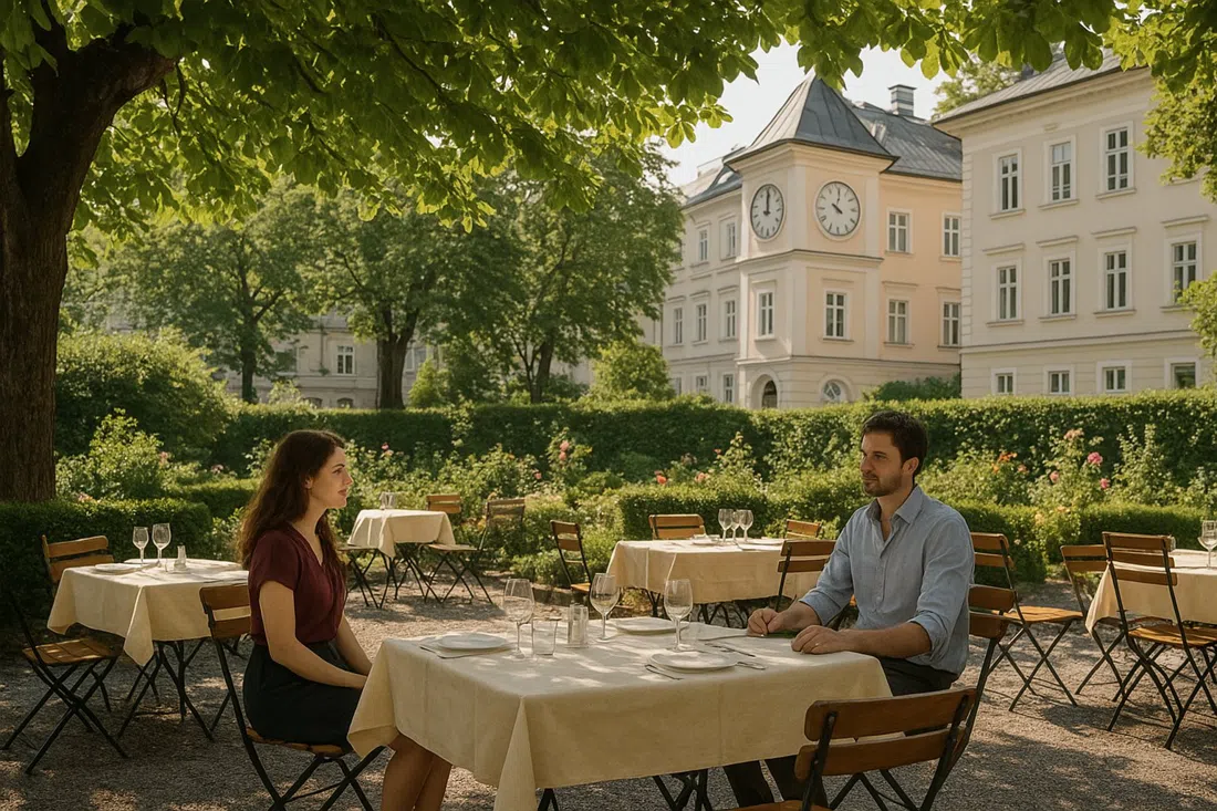 el jardín sombreado por castaños de Merkel & Merkel en Neutorstraße 31, mesas de comedor de villa bajo la luz veraniega con un fondo residencial tranquilo