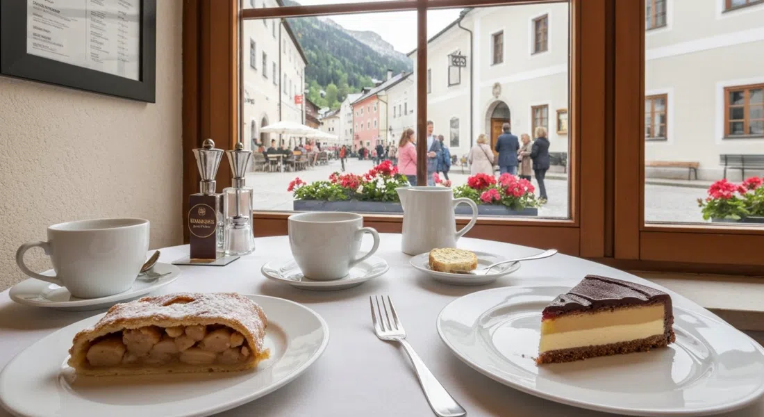 una porción de strudel de manzana y una tarta Malakoff en Konditorei Rainberg, vajilla clásica de cafetería y luz suave de ventana