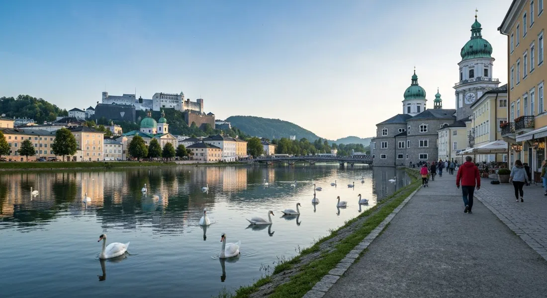 el sendero de la orilla del Leopoldskroner Weiher en una mañana tranquila, cisnes en el agua con el Palacio Leopoldskron y la Fortaleza de Hohensalzburg reflejados al fondo