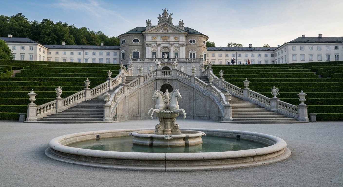 Mirabell Palace and Gardens in Salzburg at early morning light, the grand staircase, Pegasus fountain and manicured parterres empty before the tour groups arrive