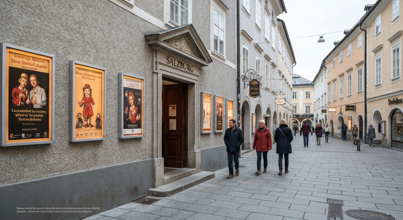 the Salzburg Marionette Theatre on Schwarzstraße, a small elegant theatre frontage with puppet-show posters and evening light on the pavement