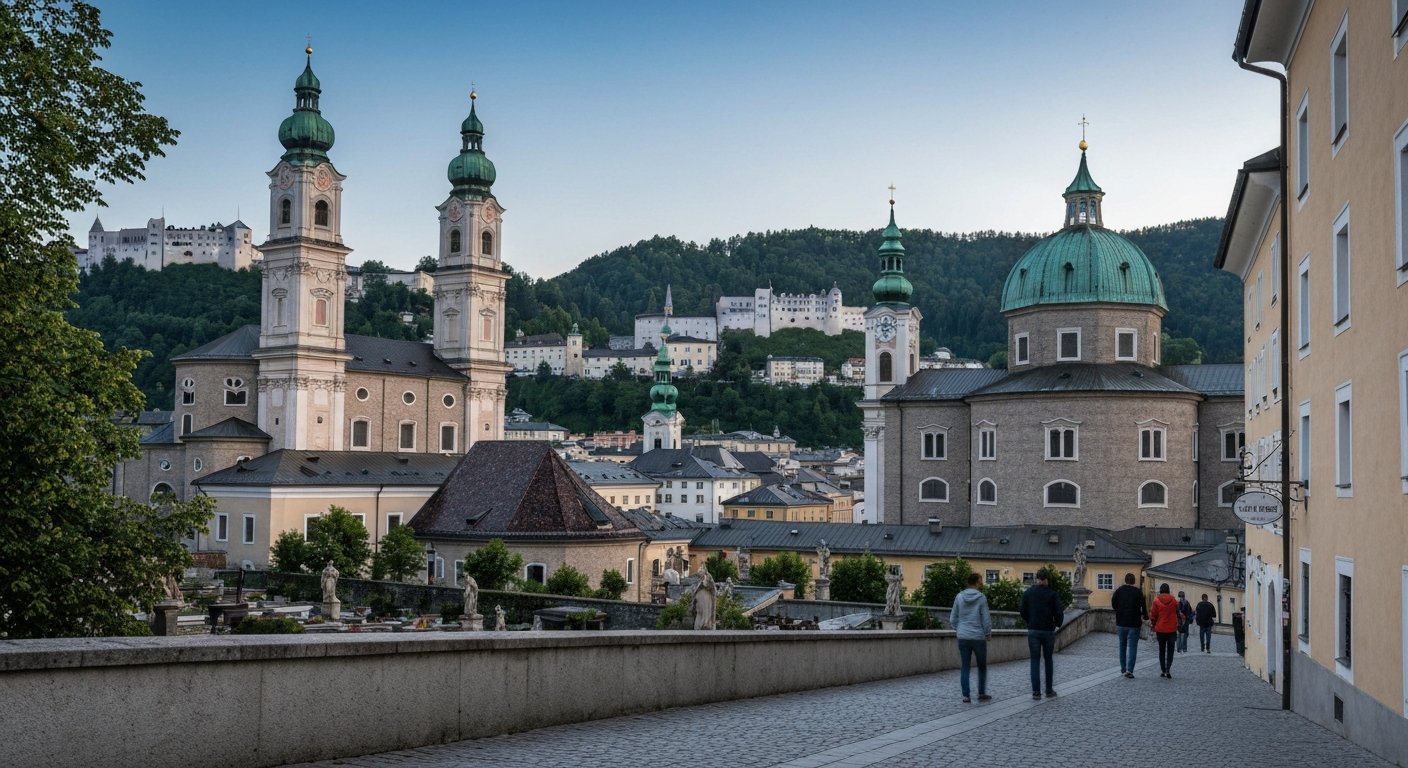 the Müllner Kirche on its rise at late afternoon, onion dome above the terrace cemetery, with Hohensalzburg visible across the Old Town
