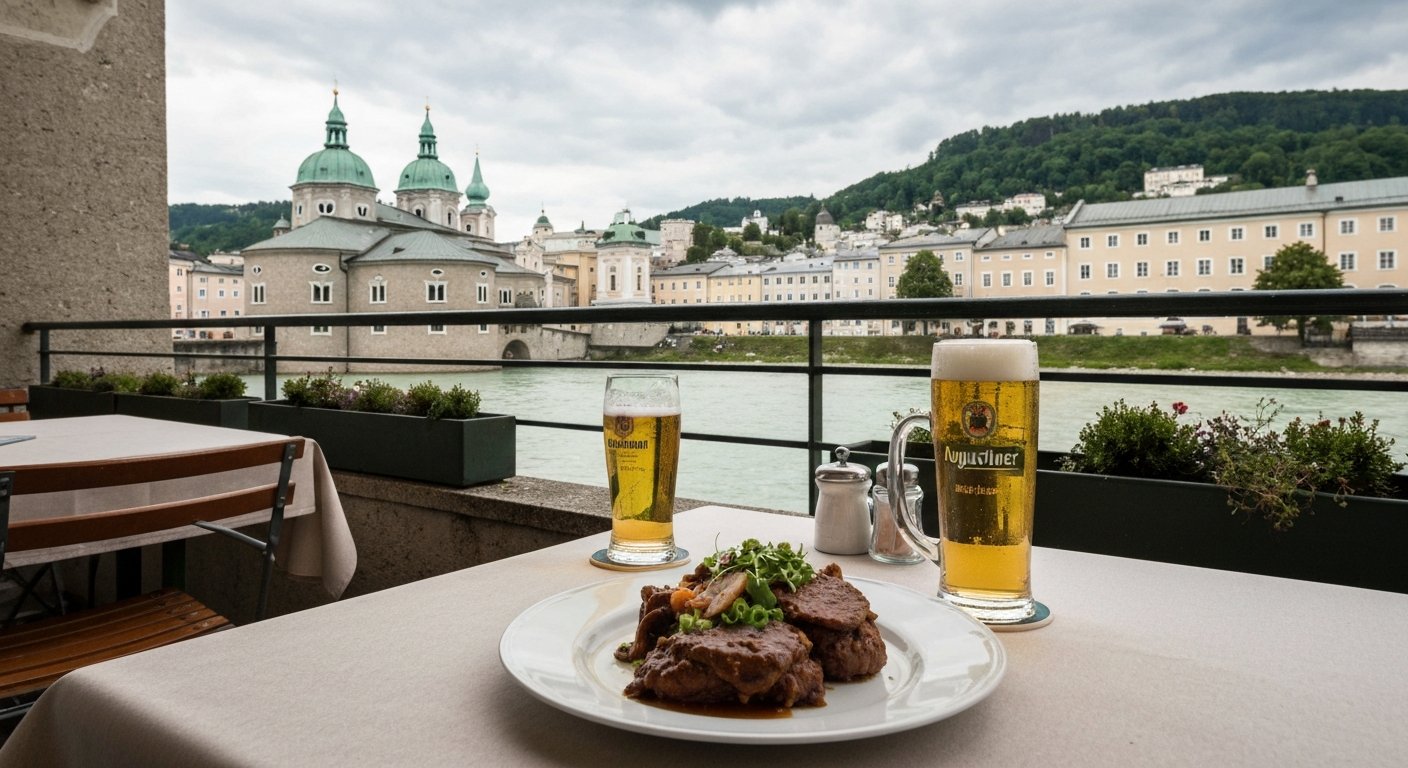 a terrace table at Bärenwirt on Müllner Hauptstraße 8, plated Backhendl and a glass of Augustiner beer with the Salzach and Kapuzinerberg beyond